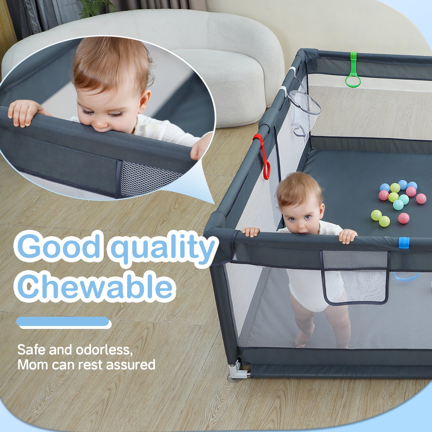 Playpen Baby Playpen 79"x71" Large Playpen with Breathable Mesh Large TALENTBABY Format Baby Play Yard with Zip Door, Children's Playpen Delivery with Mesh Basket and Ball - TALENTBABY