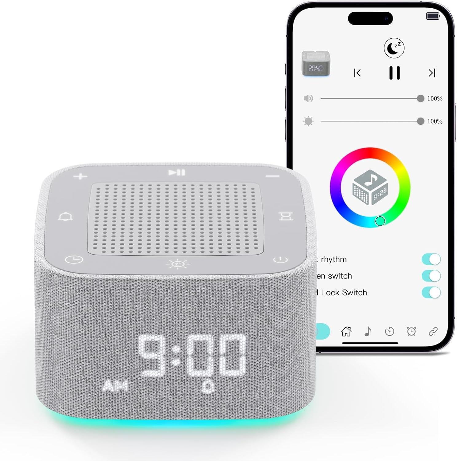 TALENTBABY Sound Machine -Alarm Clock with Sound Machine, 32 Soothing Sounds, RGB Light, App Control White Noise Sound Machin,Timer, Bluetooth Speaker Wake Up Light, Heavy Sleeper, Adults, Kids,Baby - TALENTBABY